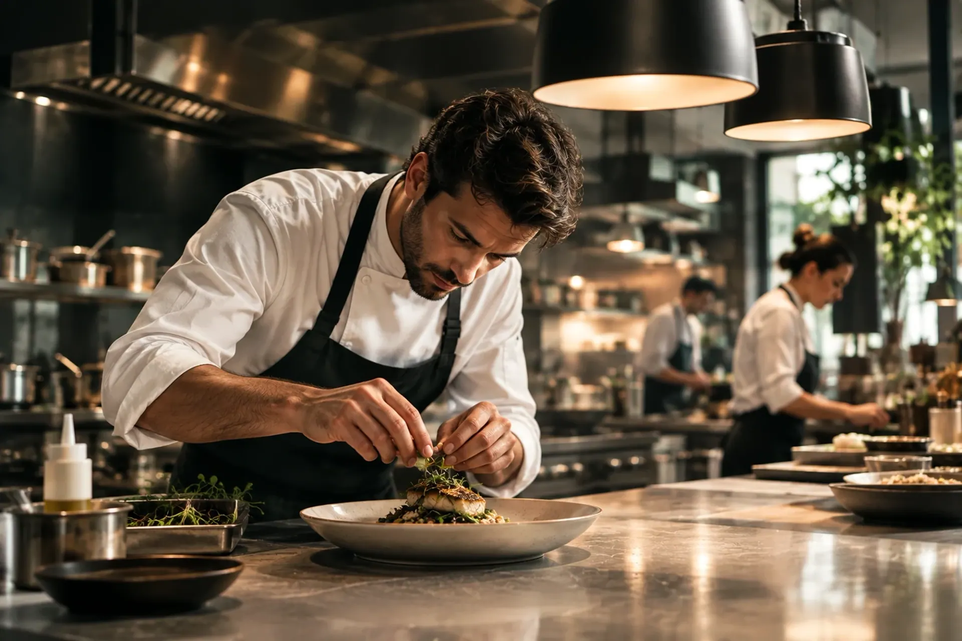 Chef emplatando en una cocina profesional