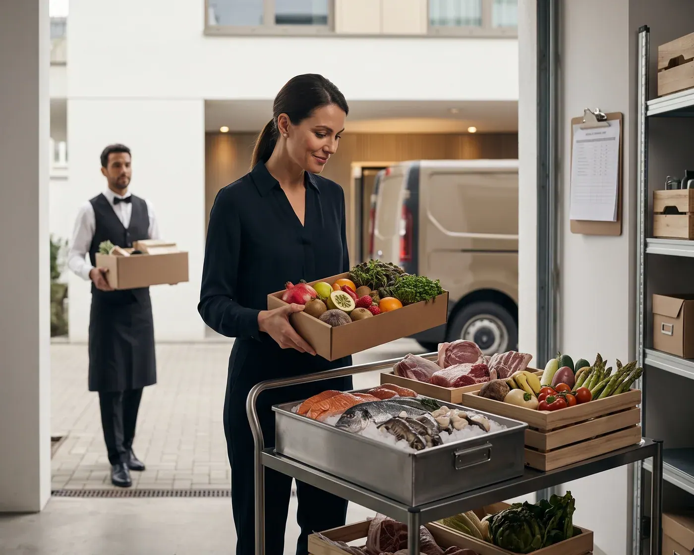 Una trabajadora del restaurante revisa la mercancía recién llegada: cajas de fruta, pescado sobre hielo y verduras y carne en un carrito, con la furgoneta del proveedor al fondo
