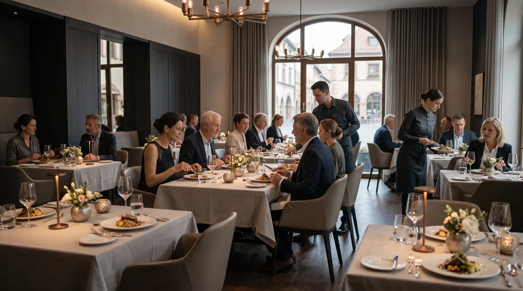 Sala de un restaurante en pleno servicio, con comensales en las mesas y personal de sala atendiendo