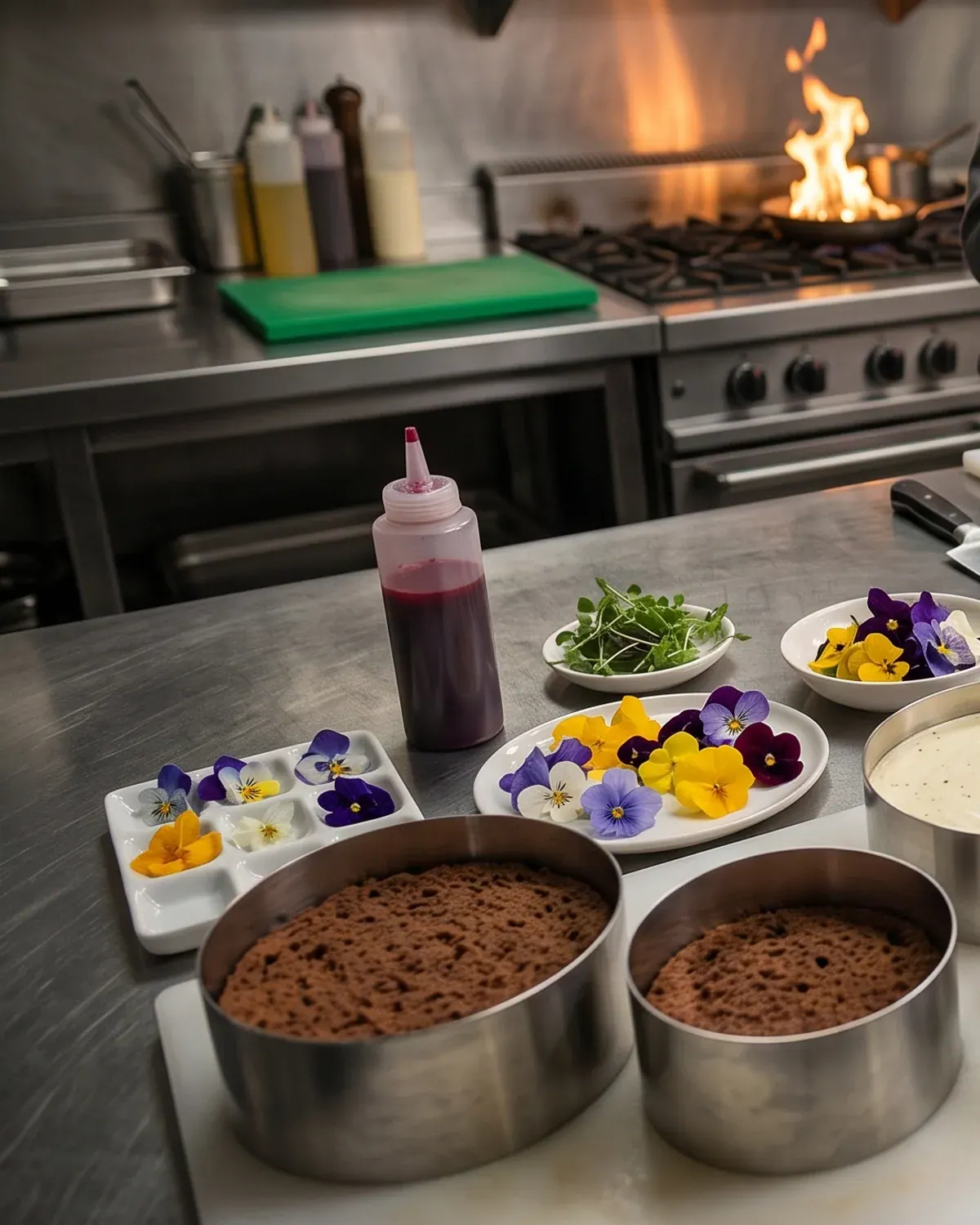 Mesa de trabajo de una cocina profesional: flores comestibles, cremas y bizcochos preparados para emplatar y, al fondo, el fuego de los fogones